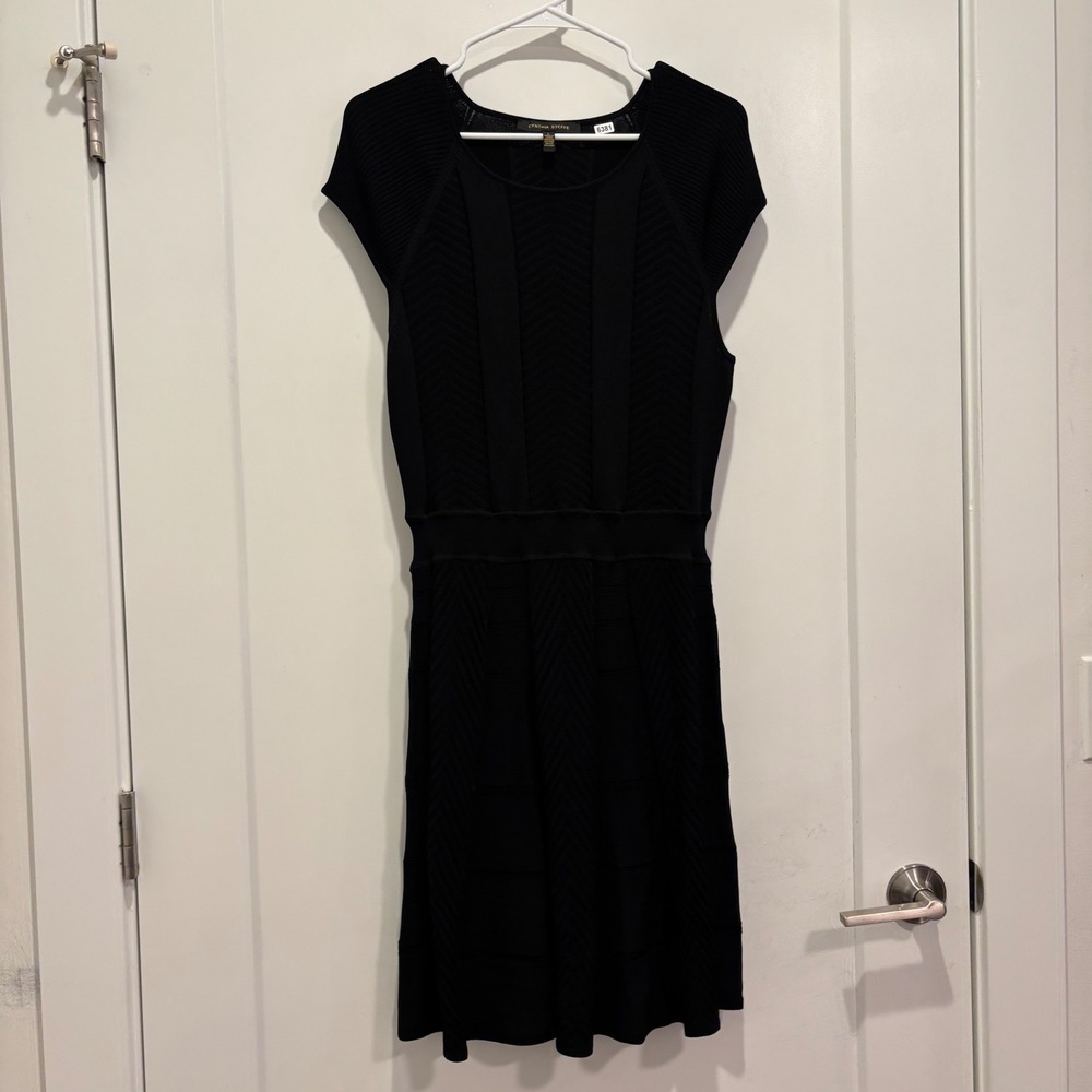 Cynthia Steffe Black Textured Knit Fit and Flare Dress Short Sleeve Large